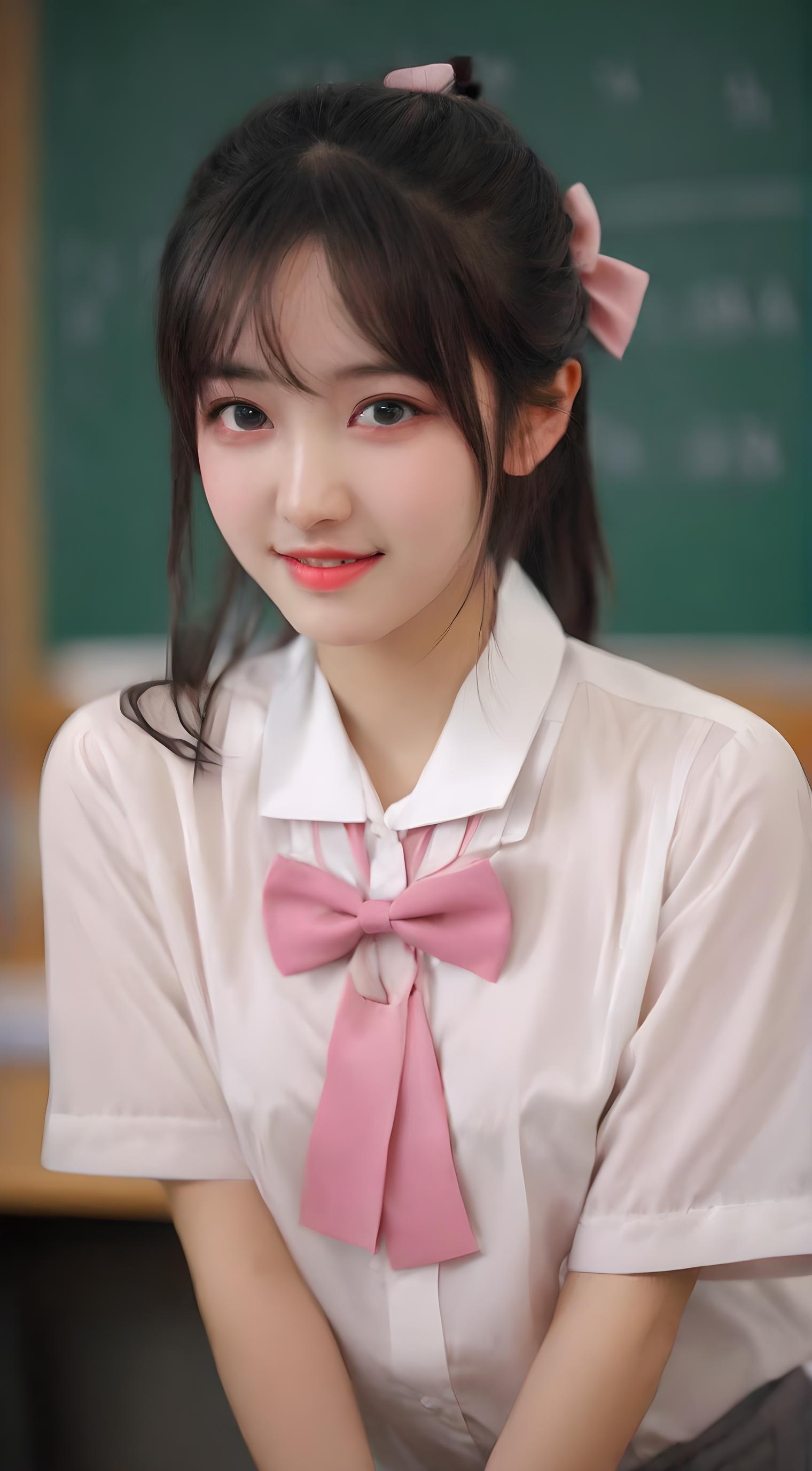 94她身着洁白衬衫,清纯如百合;粉色蝴蝶结轻绕颈间,更添了几分甜美