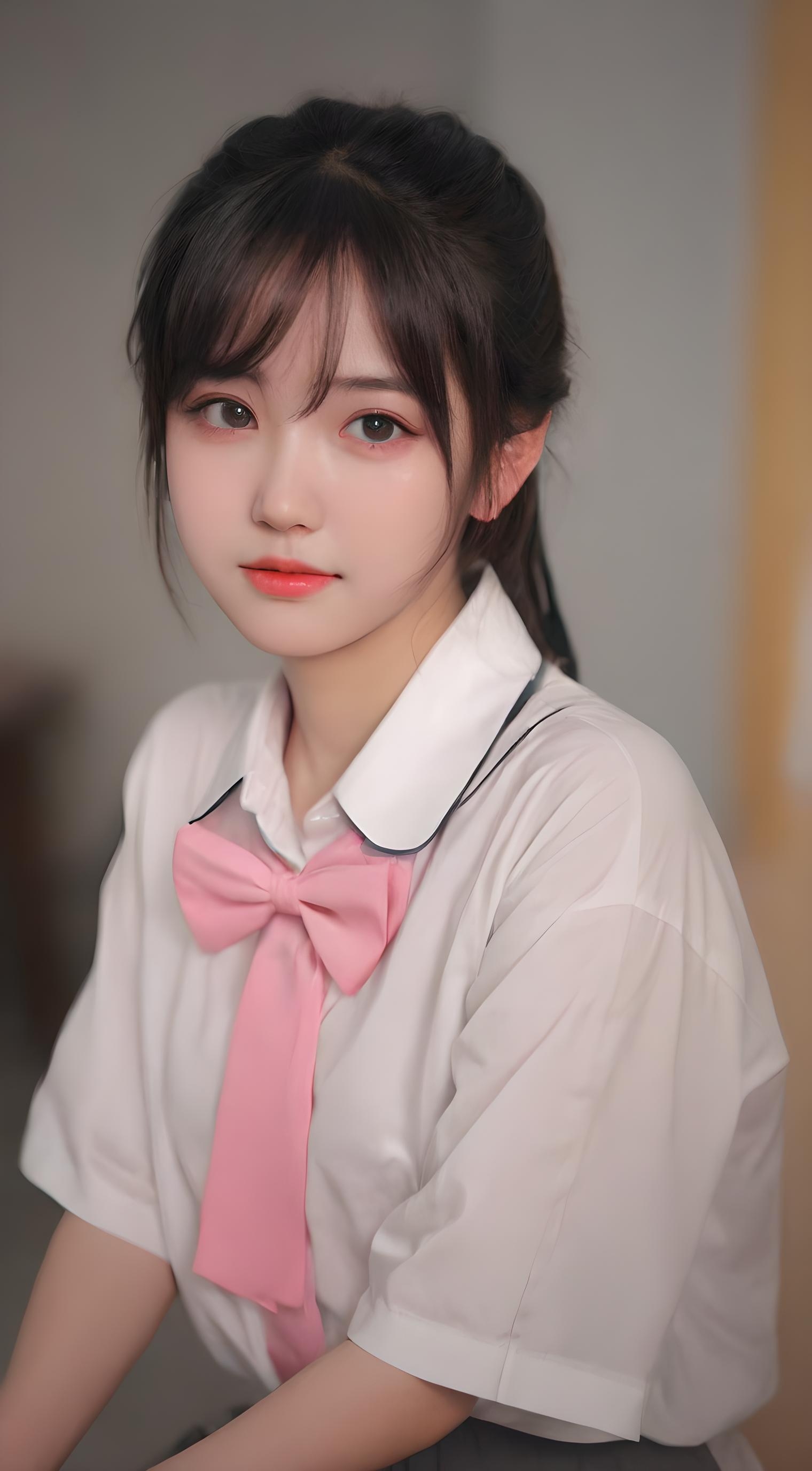 94她身着洁白衬衫,清纯如百合;粉色蝴蝶结轻绕颈间,更添了几分甜美
