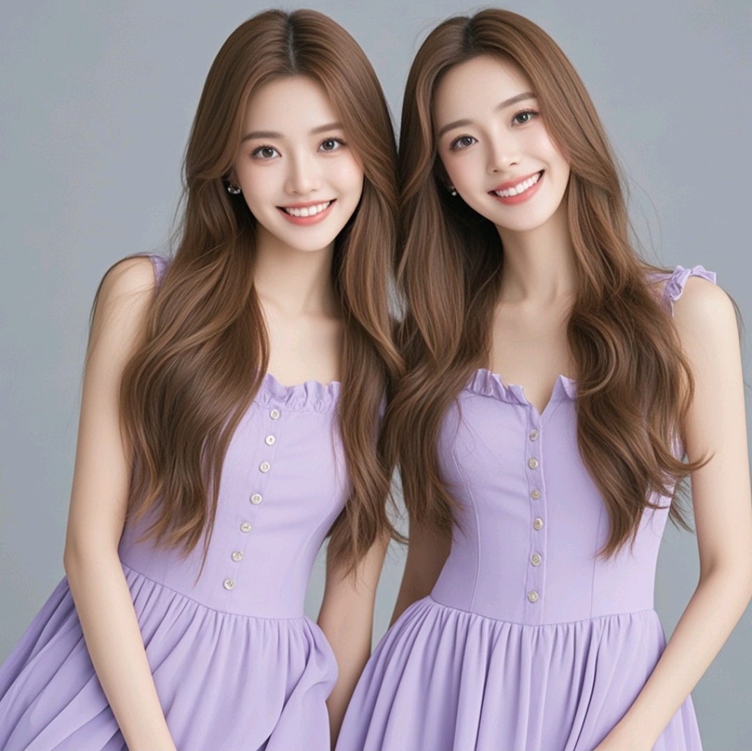 双胞胎姐妹花,笑容如紫罗兰般甜美,共享一袭梦幻紫裙,宛如从童话中