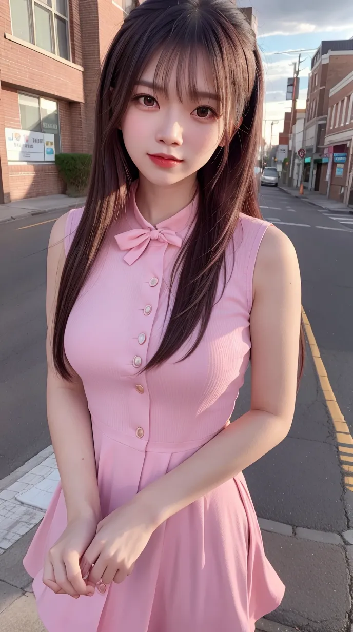 阳光下,一位清新甜美的女孩,粉色连衣裙翩翩起舞