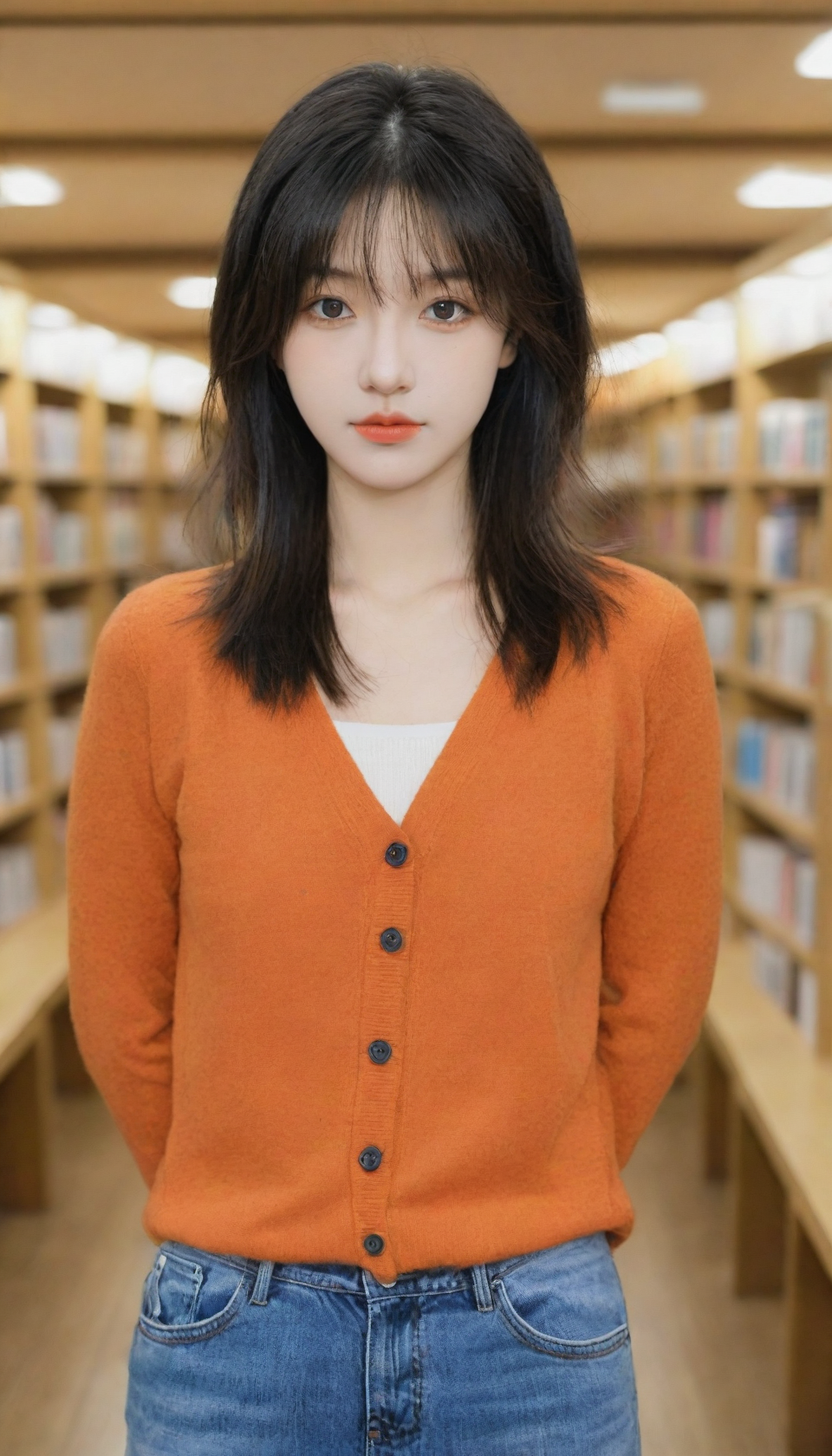 在书香弥漫的小角落,有一位橙色毛衣的女孩静坐