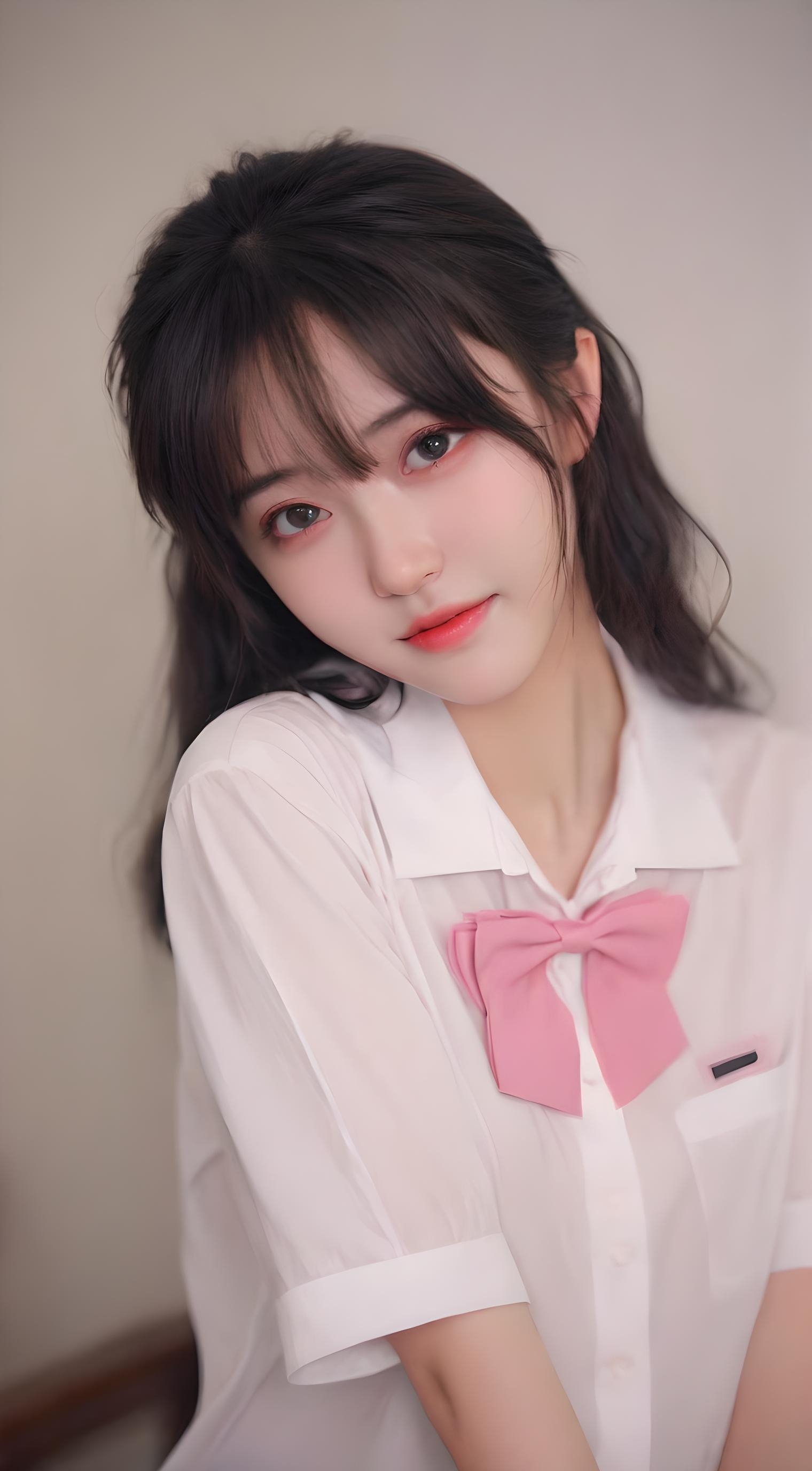 94她身着洁白衬衫,清纯如百合;粉色蝴蝶结轻绕颈间,更添了几分甜美