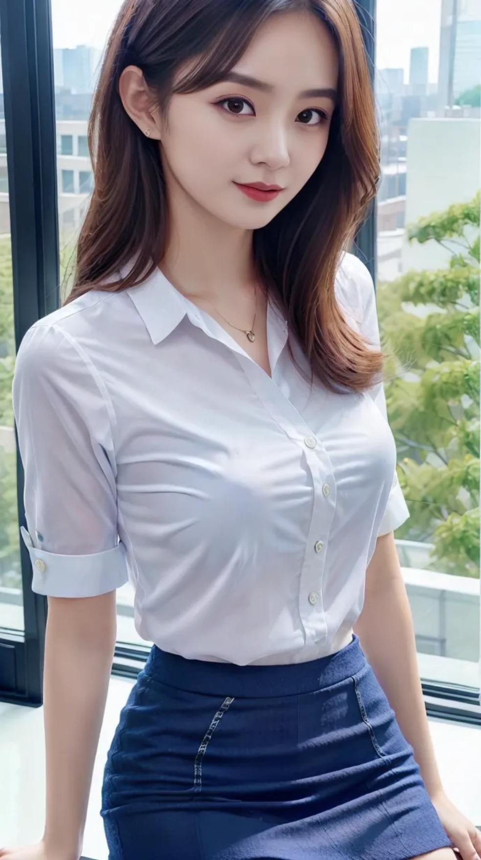 窗边白衬衫搭配牛仔裙的ol风小姐姐,清新脱俗,美得不可方物.