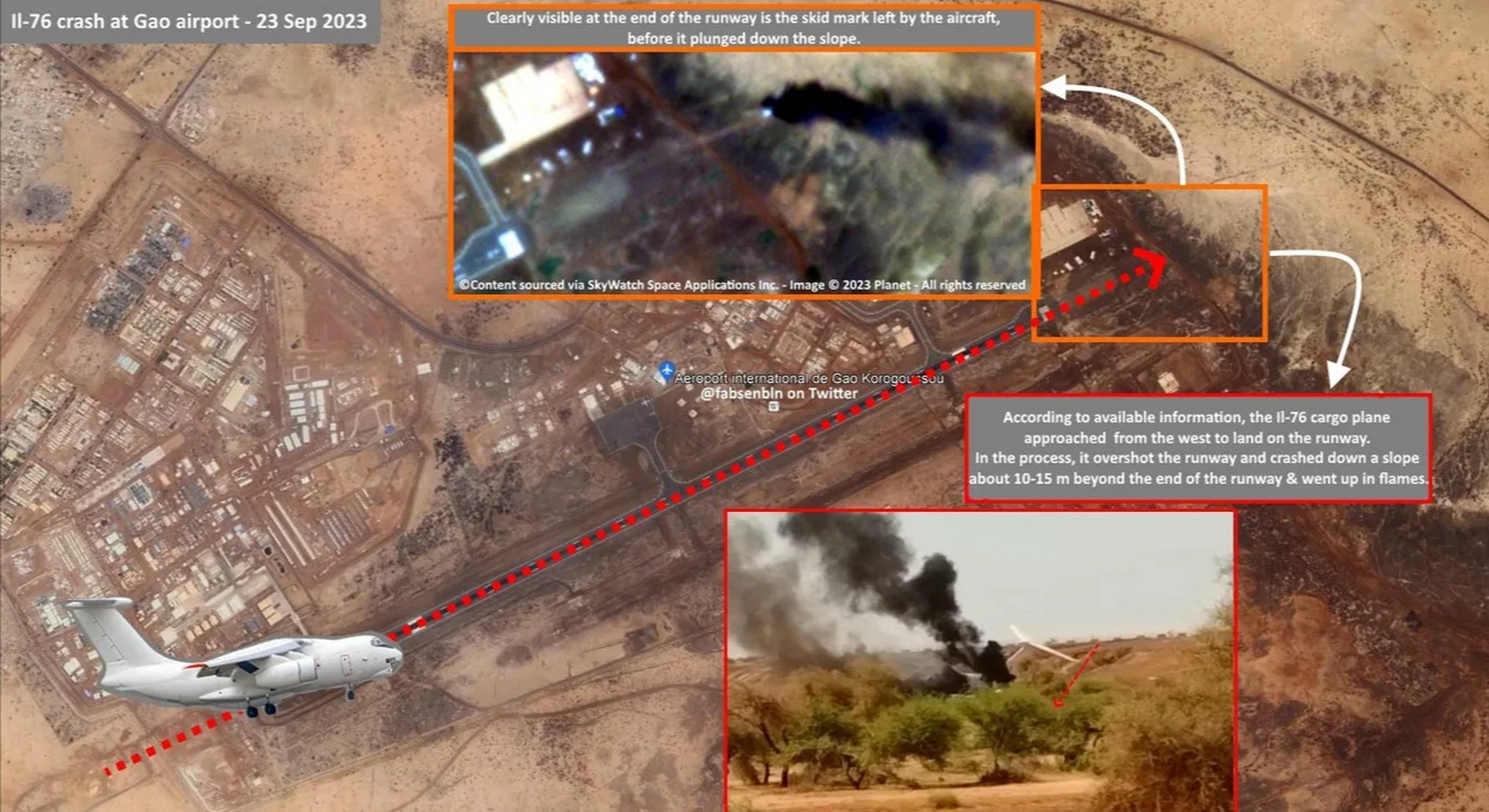 在马里北部加奥机场降落时失事的伊尔-76运输机的残骸.