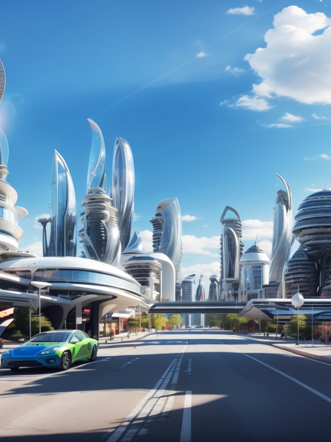 看那辆梦幻般的蓝色汽车,行驶在通向未来城市的道路上,带给我无尽的