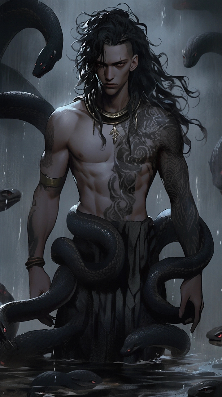 美男与蛇,自然的完美结合.