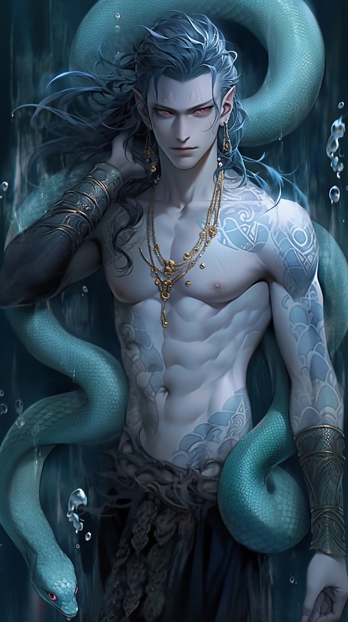 美男与蛇,自然的完美结合.