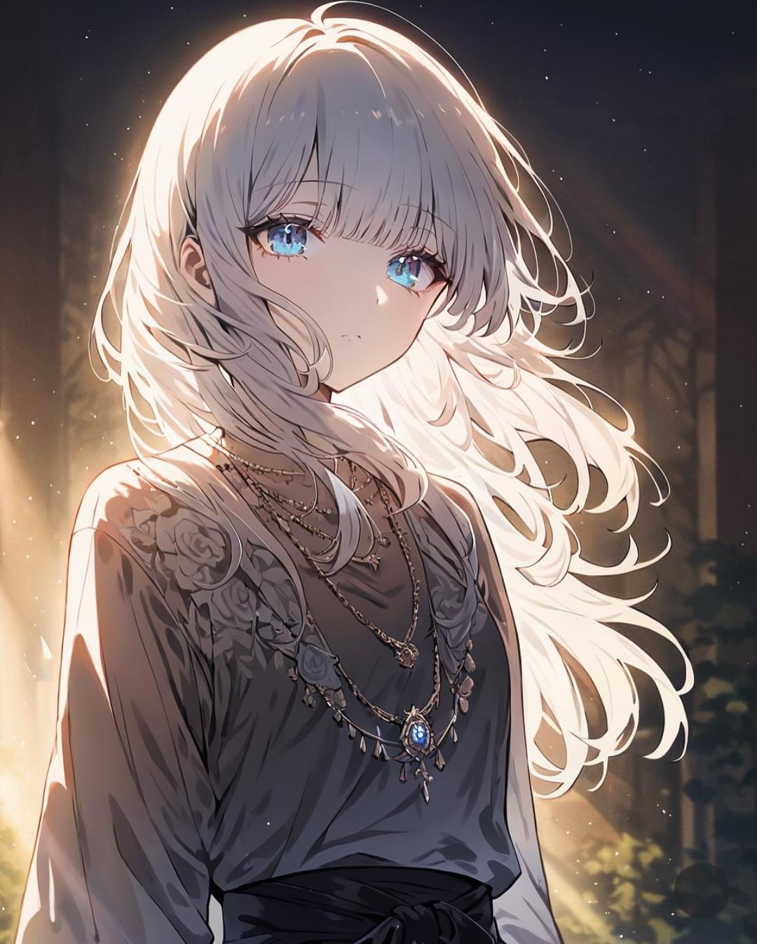 森林中的女孩,长发飘飘,蓝眼迷人,神秘而优雅.#动漫女孩