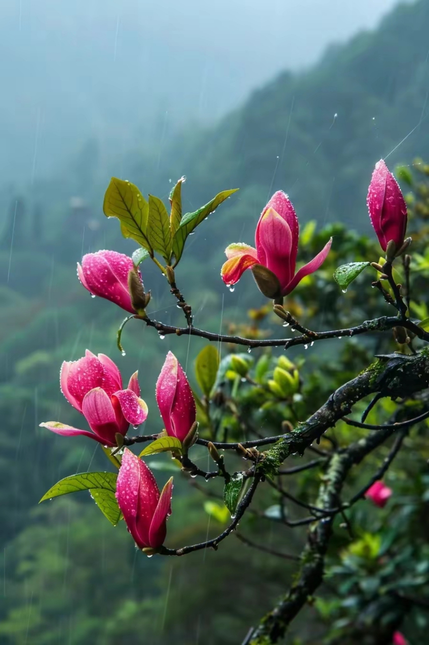 90  雨丝轻拂,玉兰花在雨中绽放,每一朵都像是被雨水精心雕琢过的