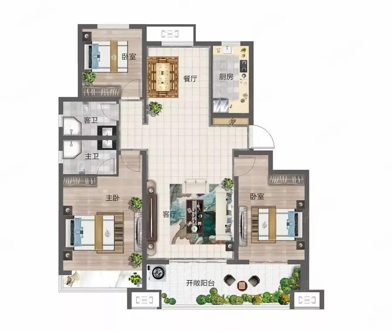 今天感受一下精典"三叶草户型",户型面积120平方,定位刚需,刚改用房