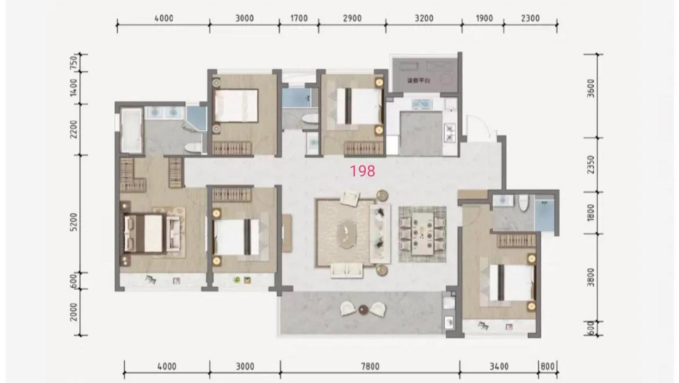 198平方的五室两厅户型,五开间朝南,客餐宽厅,三个卫生间全部明卫,这