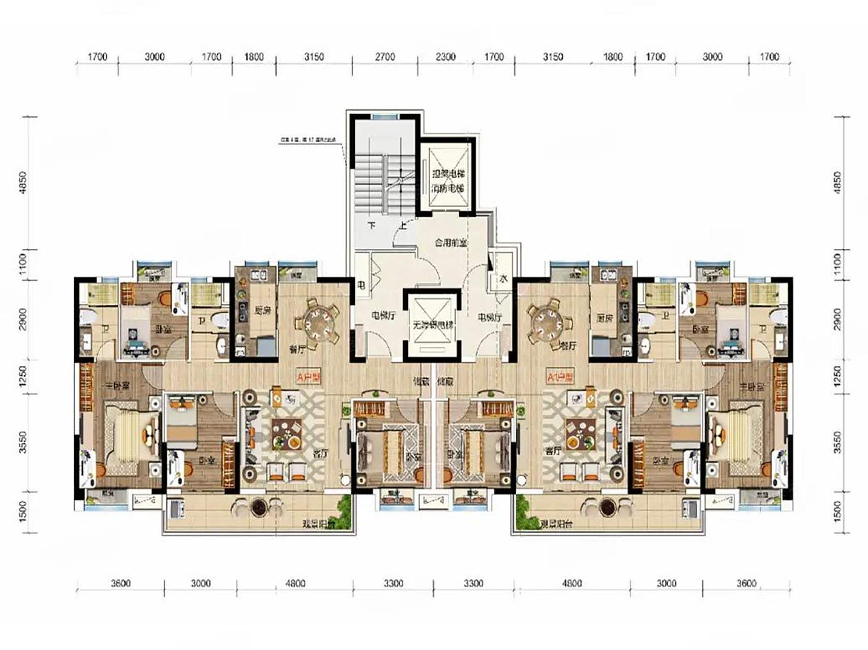 一梯两户,电梯入户的四房两厅户型,南北通透140平方,性价比还是很高的