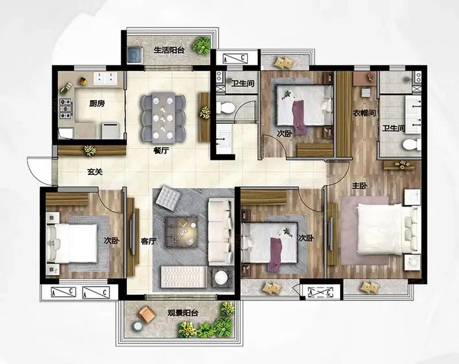 如果您想买一套紧凑四房户型,这个户型完全可以满足你,户型方正,动静