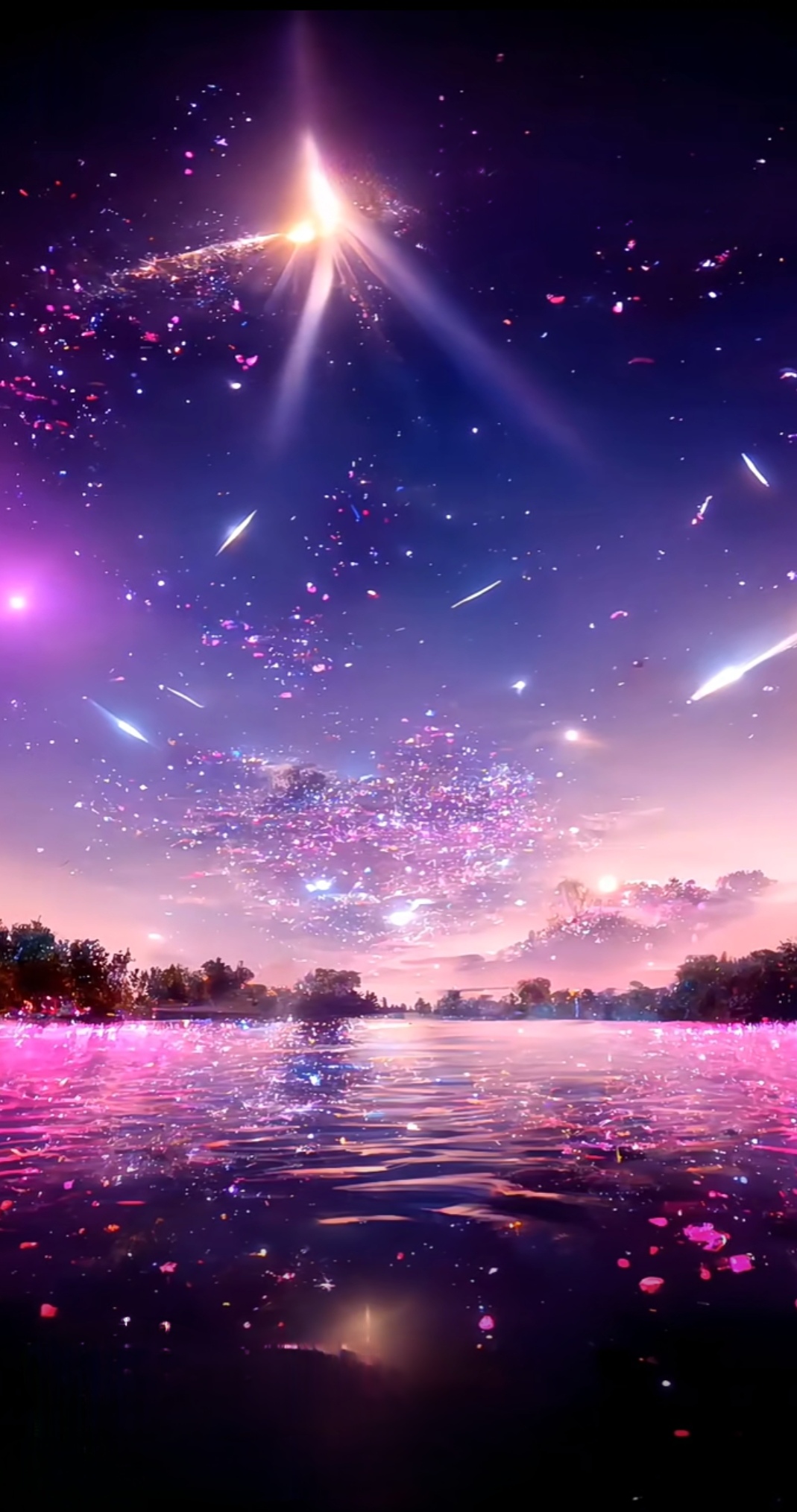 星星与流星共舞,湖面上的樱花秘境  在静谧的夜晚,一片湖面悄然映入