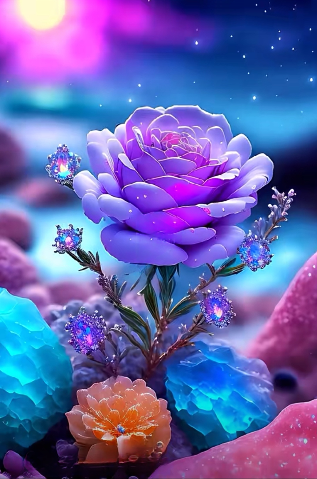 紫色花儿的魅力  在这张图中,一朵紫色的花儿在蓝色和粉色的背景下