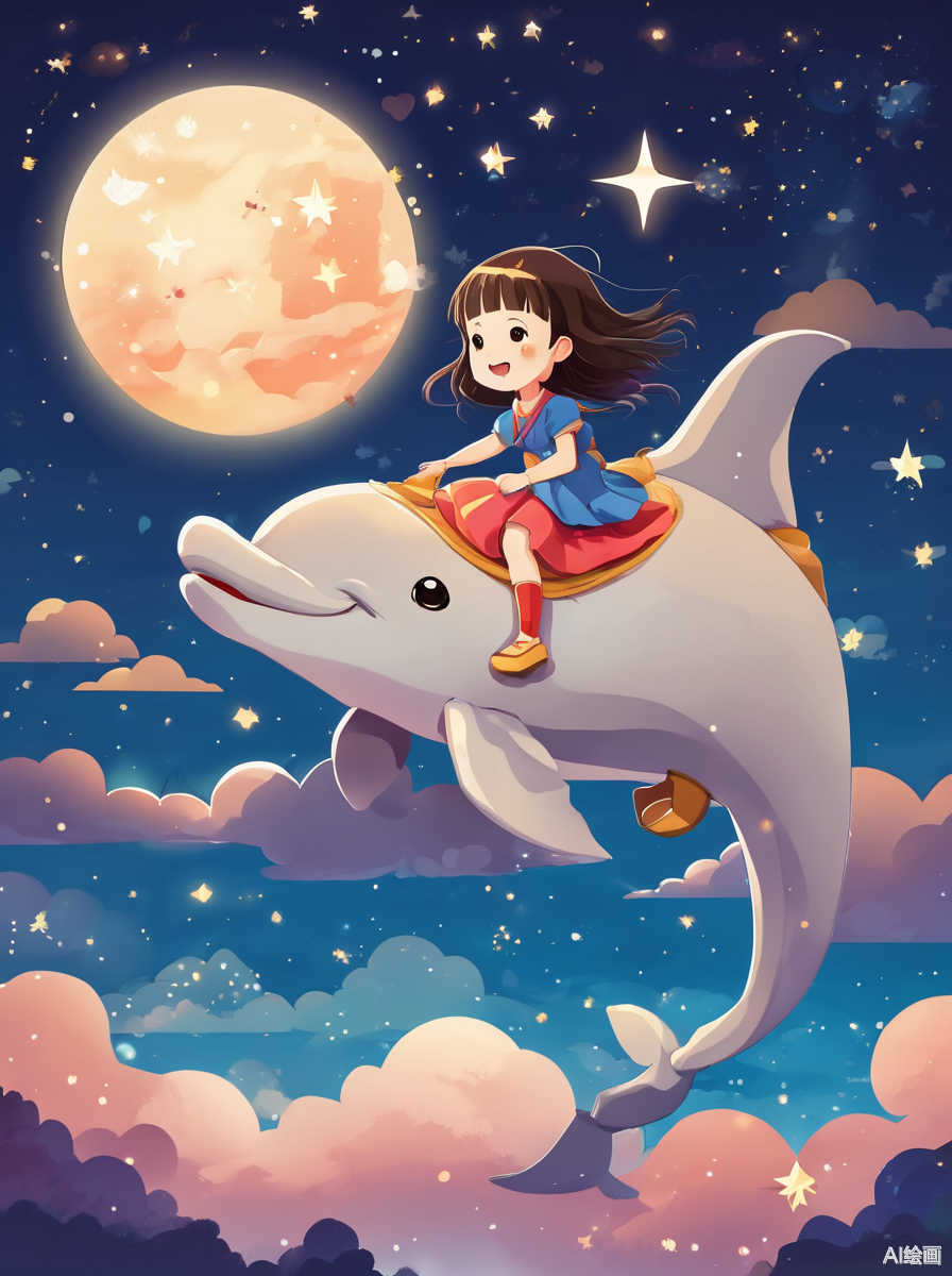 二次元扁平插画,夜晚,一位小女孩骑着海豚飞在空中,周围是星空和云