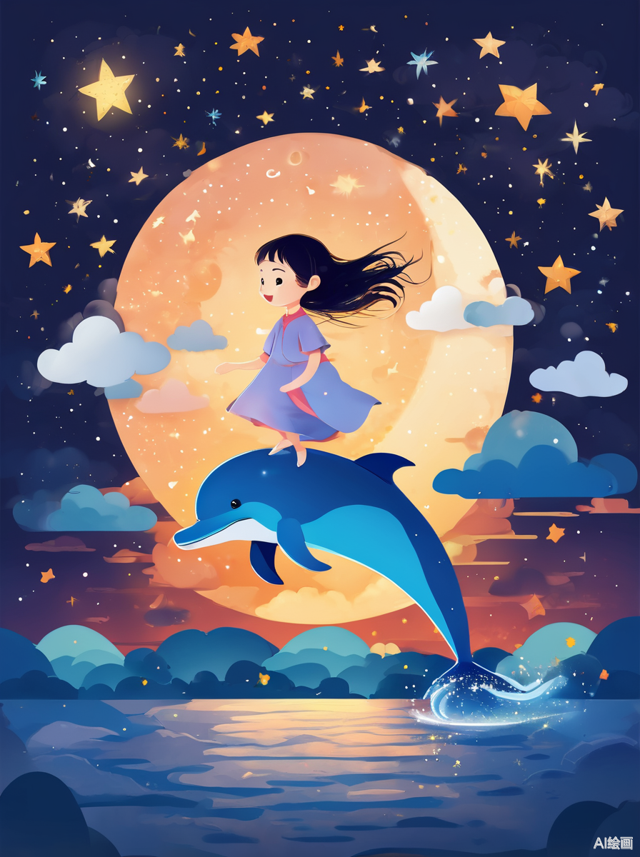 二次元扁平插画,夜晚,一位小女孩骑着海豚飞在空中,周围是星空和云