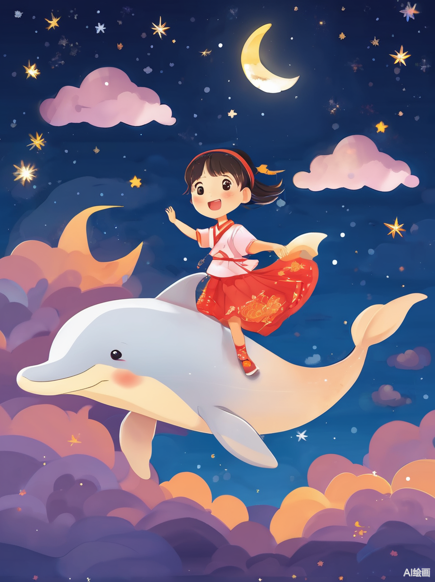 ai绘画梦境中的女孩#文心一言app#  二次元扁平插画,夜晚,一位小女孩