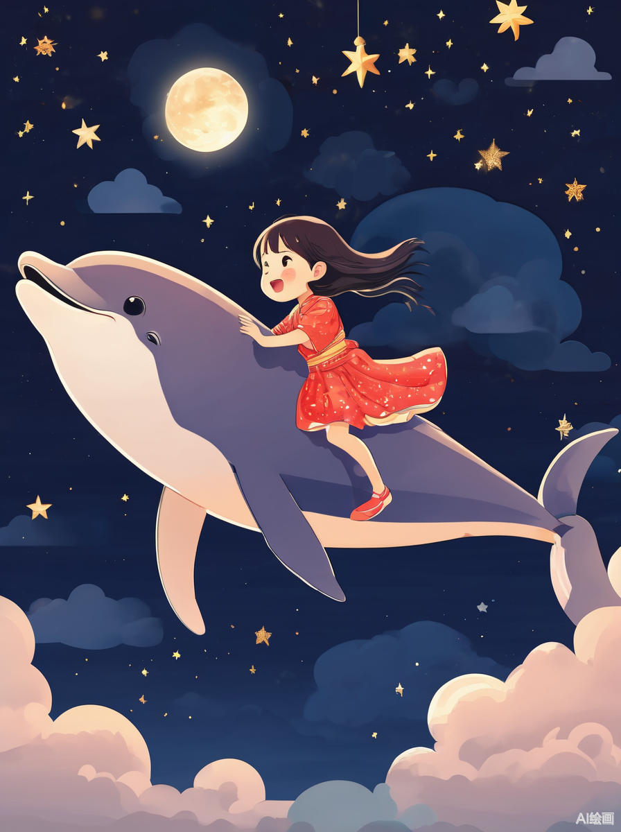 ai绘画梦境中的女孩#文心一言app#  二次元扁平插画,夜晚,一位小女孩