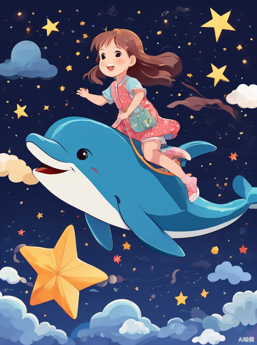 二次元扁平插画,夜晚,一位小女孩骑着海豚飞在空中,周围是星空和云