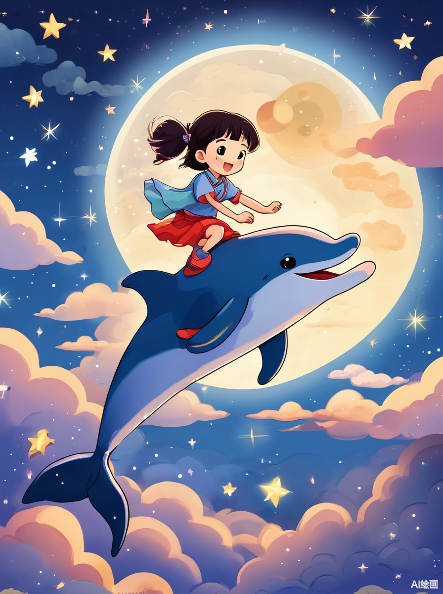 二次元扁平插画,夜晚,一位小女孩骑着海豚飞在空中,周围是星空和云