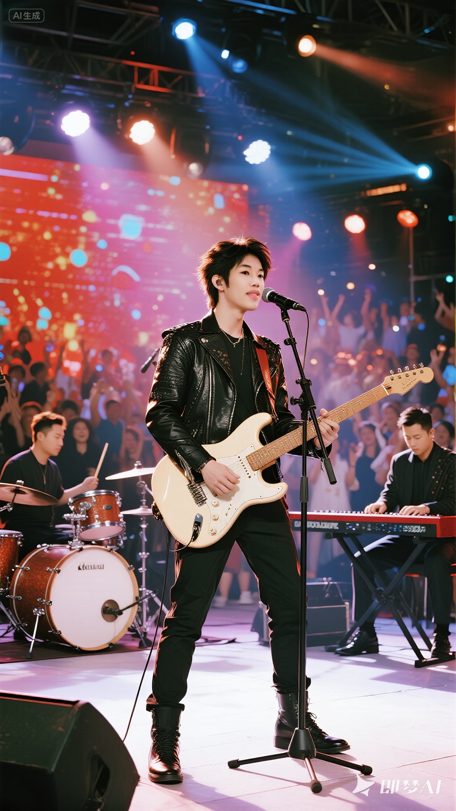 超高清舞台上时尚的摇滚服装,中国帅哥艾宸抱着吉他站在舞台上左边有