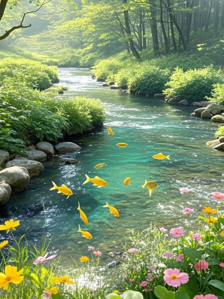 在这片郁郁葱葱的森林中,一条清澈见底的小溪蜿蜒而