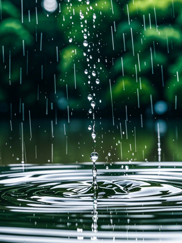 在这雨幕之下,路面上的积水宛如一面面平镜,倒映着街边翠绿的树木,那