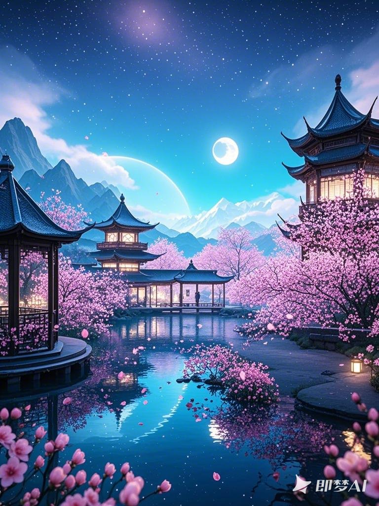 即梦ai,仿佛穿越千年,梦回大唐,樱花树下,亭台楼阁,月亮与地球的浪漫