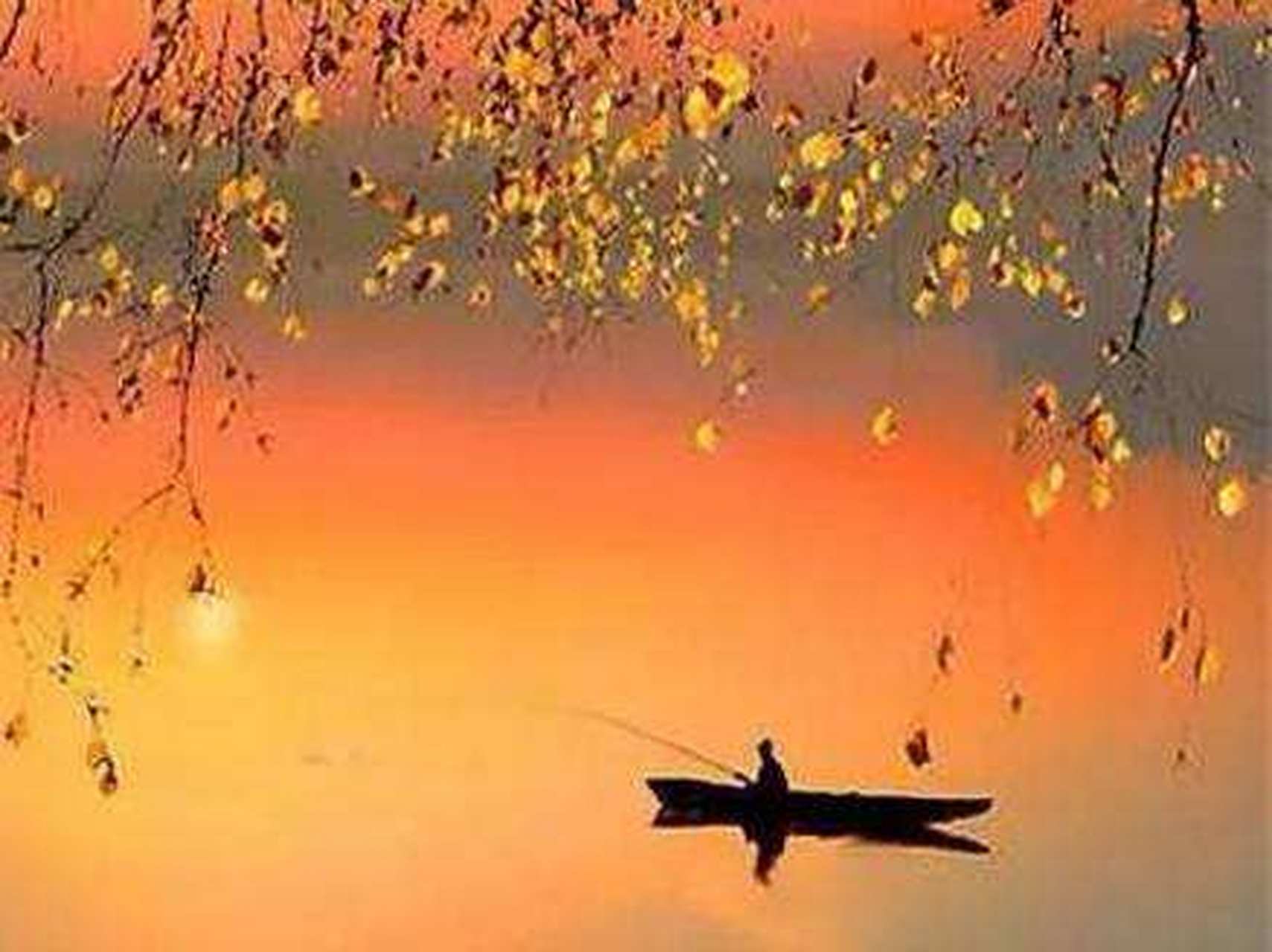 天净沙·江钓 一一仿张志和  桃花流水鱼肥, 泛舟江上夕辉, 鹭鸟山前