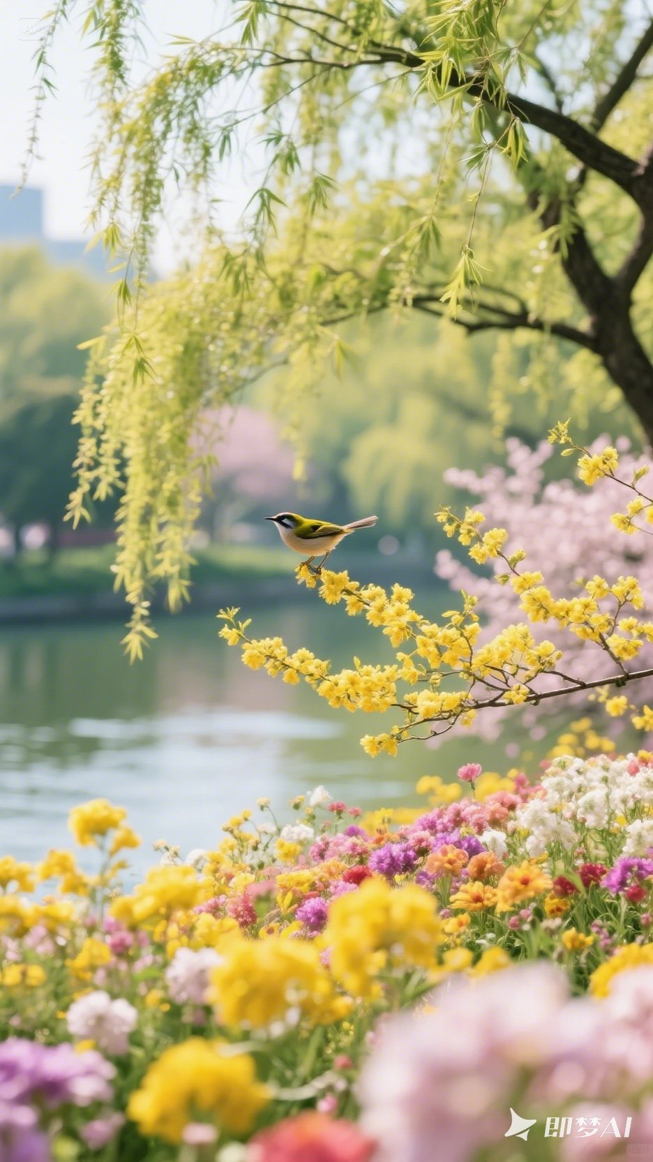 姹紫嫣红皆是春, 和风拂面绿枝申; 柳岸莺啼映日黄, 花香四溢不曾歇