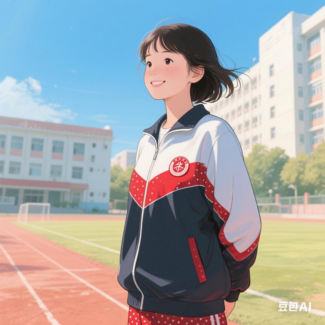 校园里的阳光正好,我穿着校服站在跑道上,微风吹过