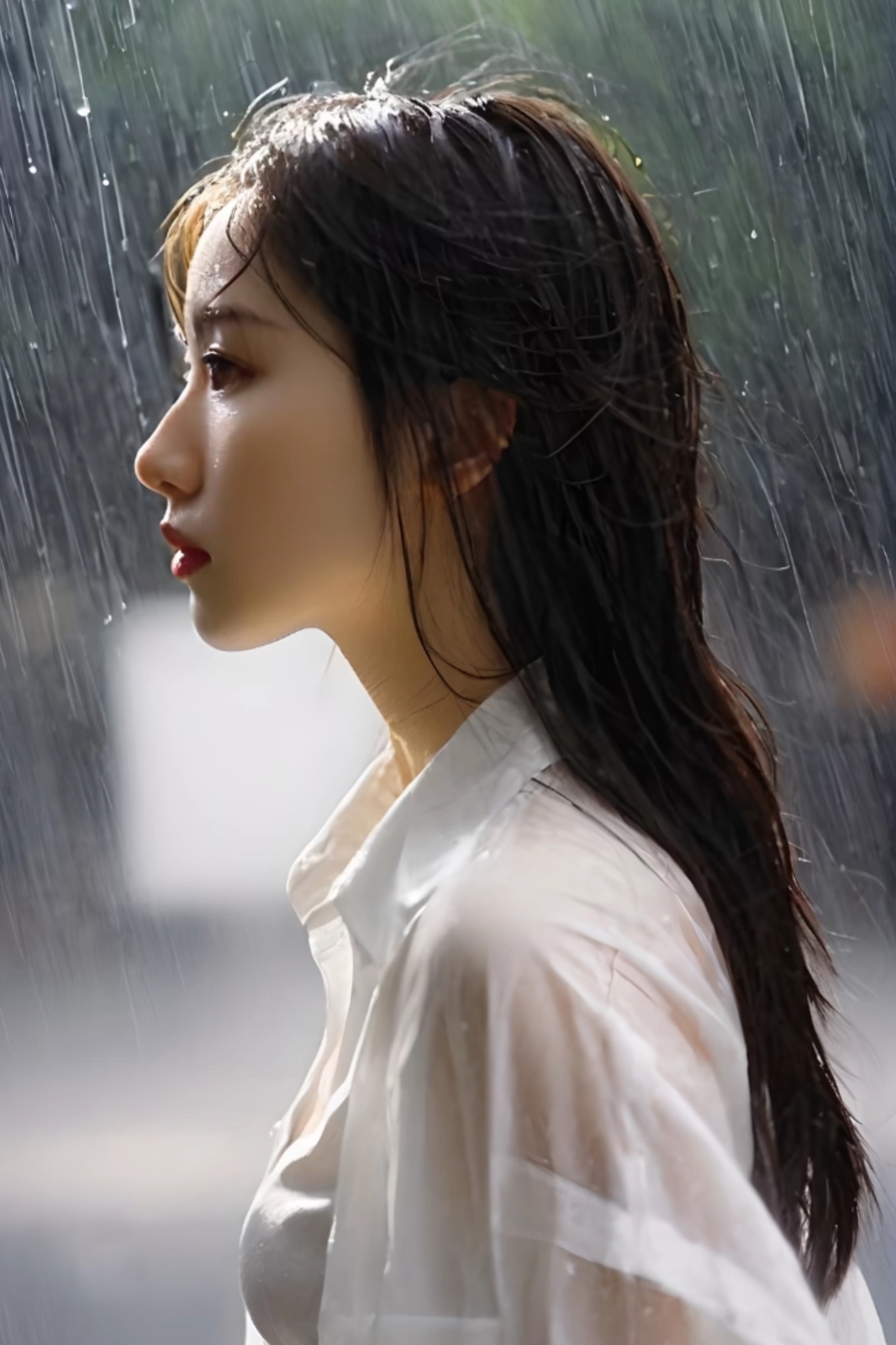 雨中沉思的女孩