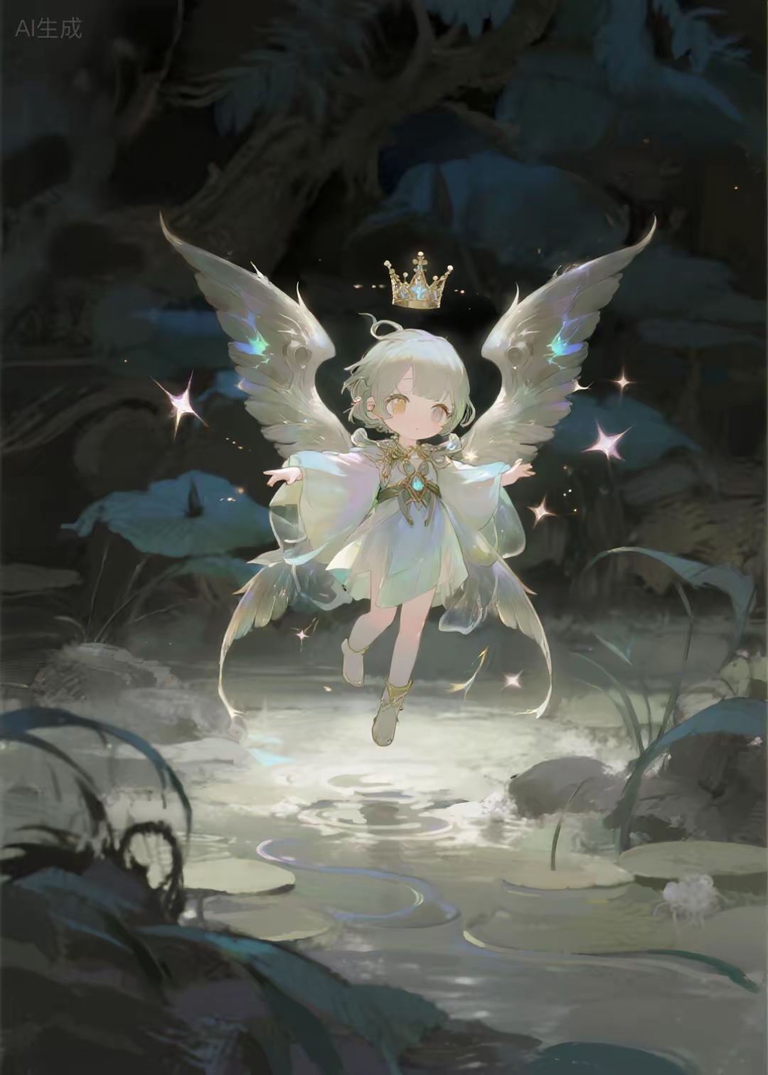 玄幻小精灵,一位巴掌大小身穿轻薄羽衣,背后长着两对星光熠熠翅膀的