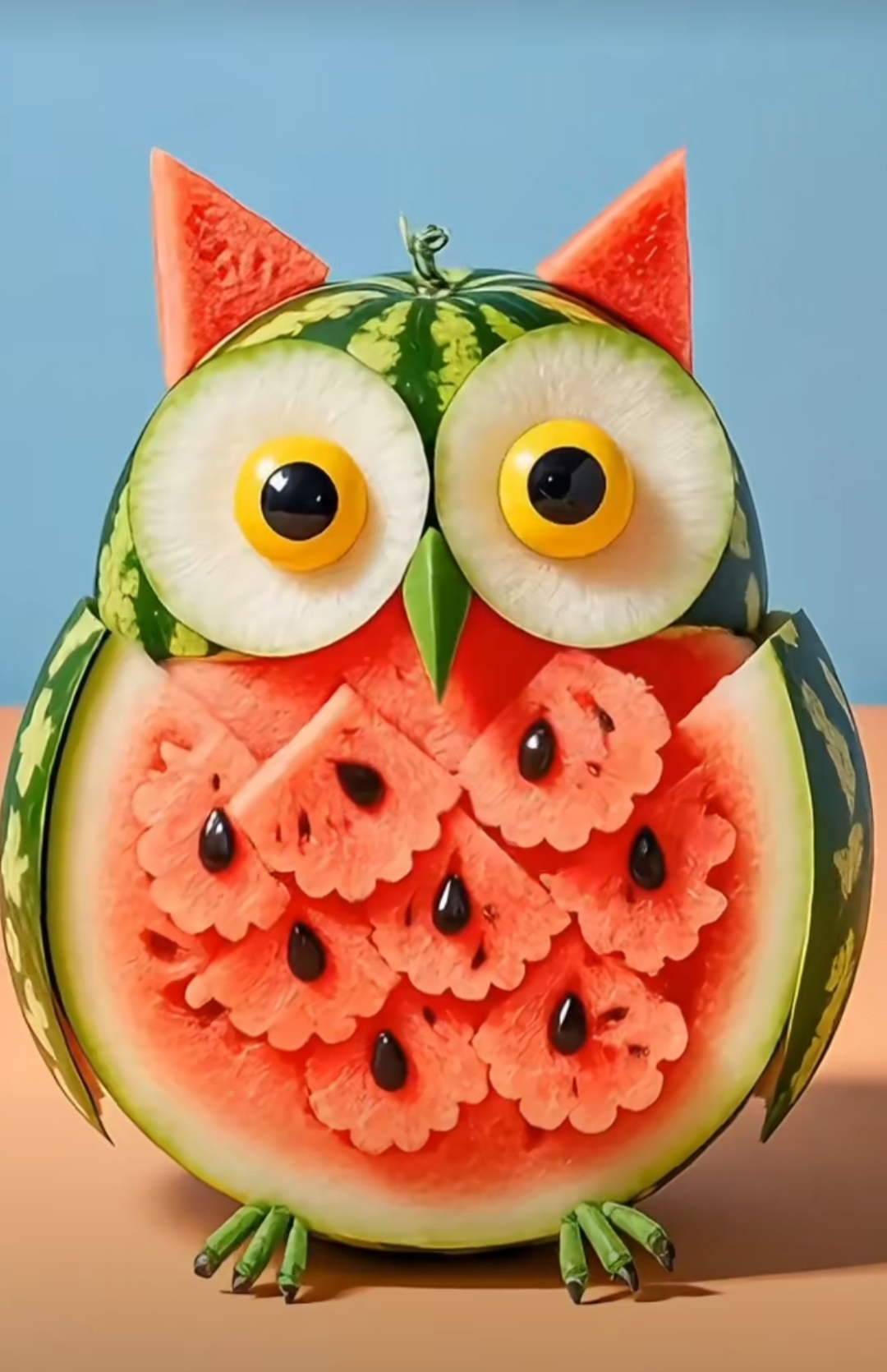 我是西瓜猫头鹰,由西瓜雕刻而成,形象生动模仿猫头鹰