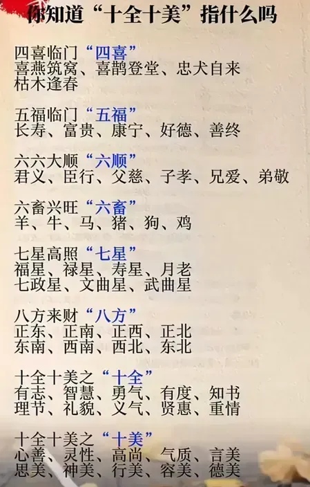 "十全十美"指士人具备有志,智慧,勇气,有度,知书理节,礼貌,义气,贤惠