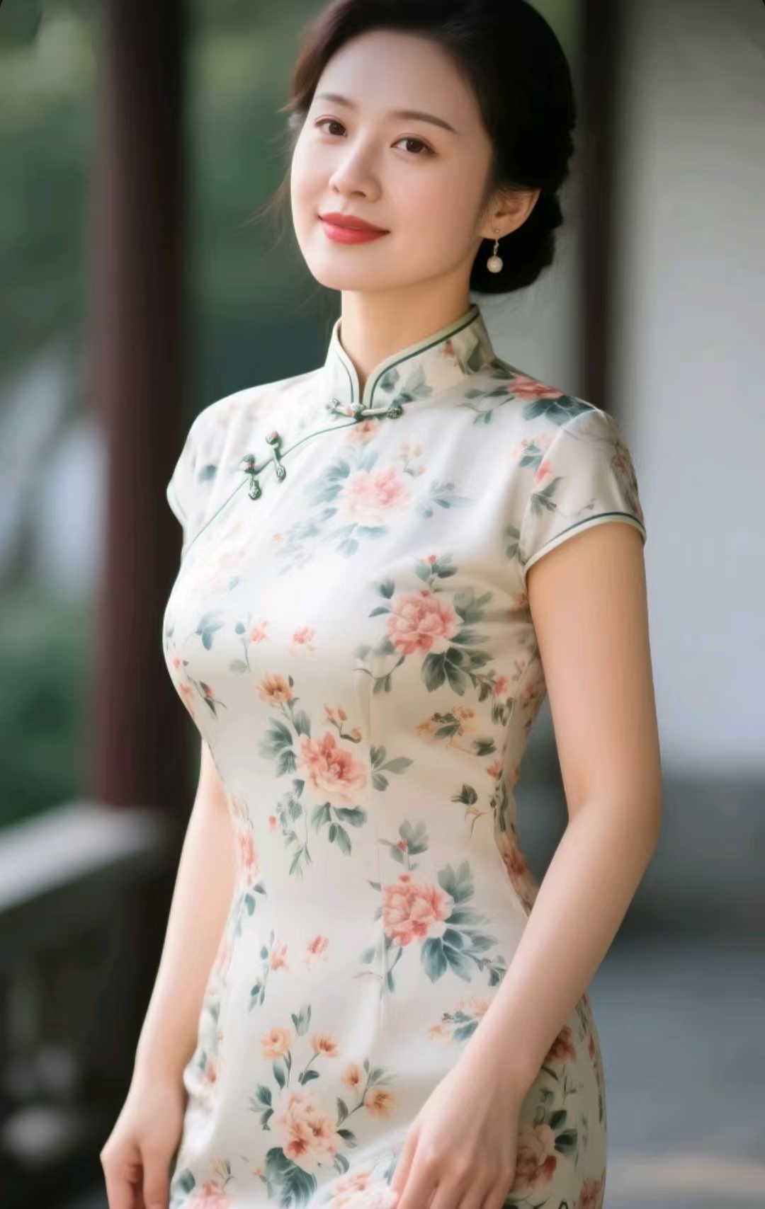 她把碎花旗袍穿成时光请柬,在回廊转角,用黛色盘扣锁住「静水流深」的