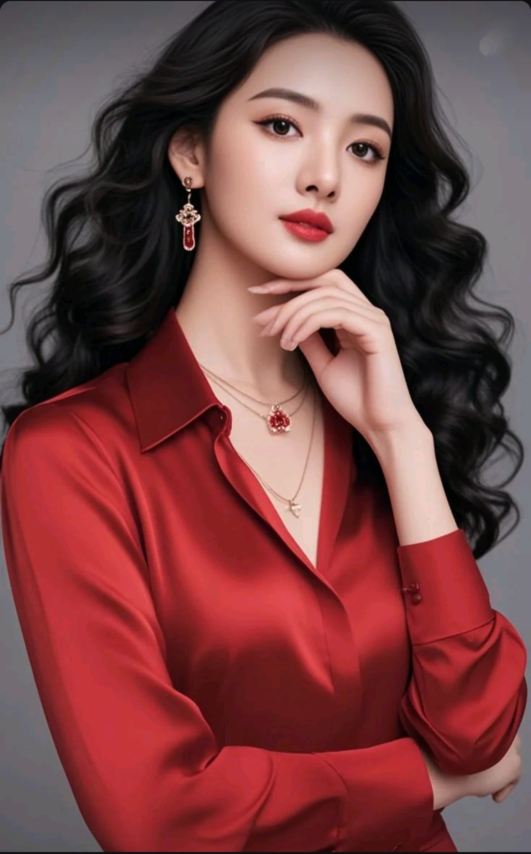 这位小姐姐好有气质,红色衬衫好衬她的肤色,搭配的珠宝也很有品味呢