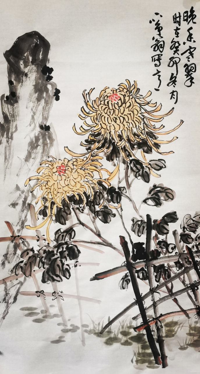 刘元阁老师菊花国画作品欣赏#艺术#   叶儿如扇,脉纹清晰,青翠欲滴.