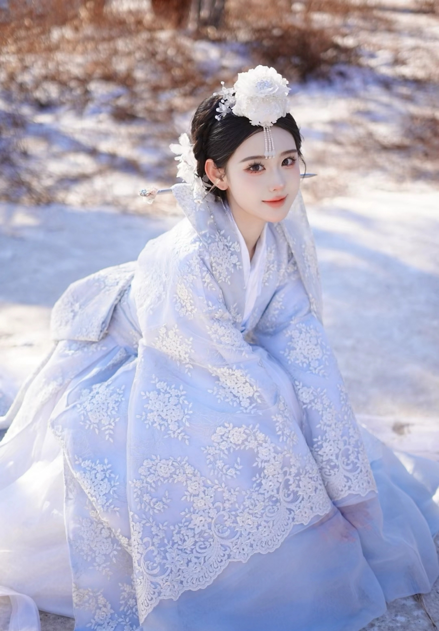 冬日的雪地里,一位淡蓝古装的少女静静坐着,仿佛与天地融为一体.
