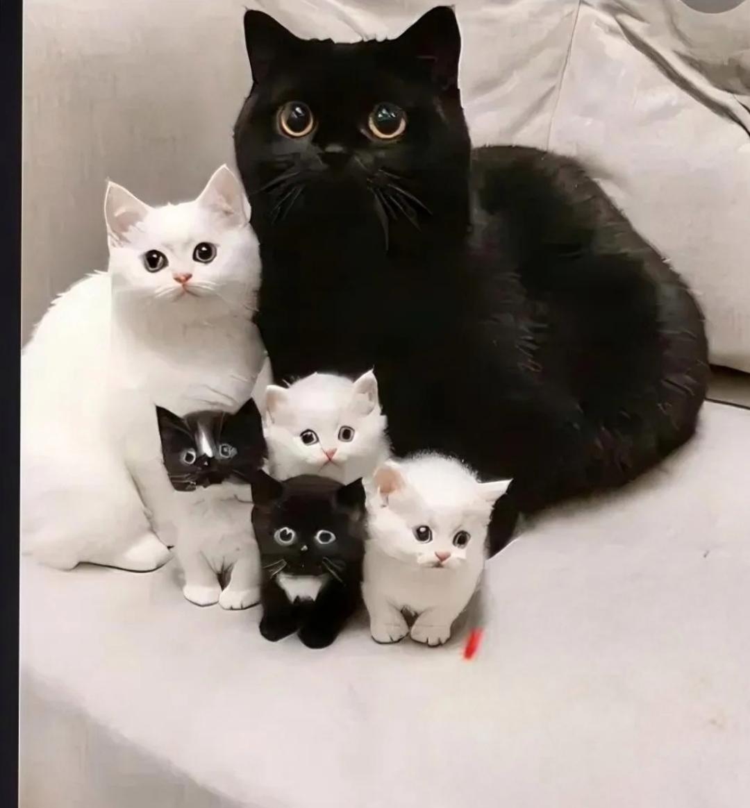 猫妈妈基因超强大,小白猫像复制粘贴般雪白软萌,小黑猫也继承了独特