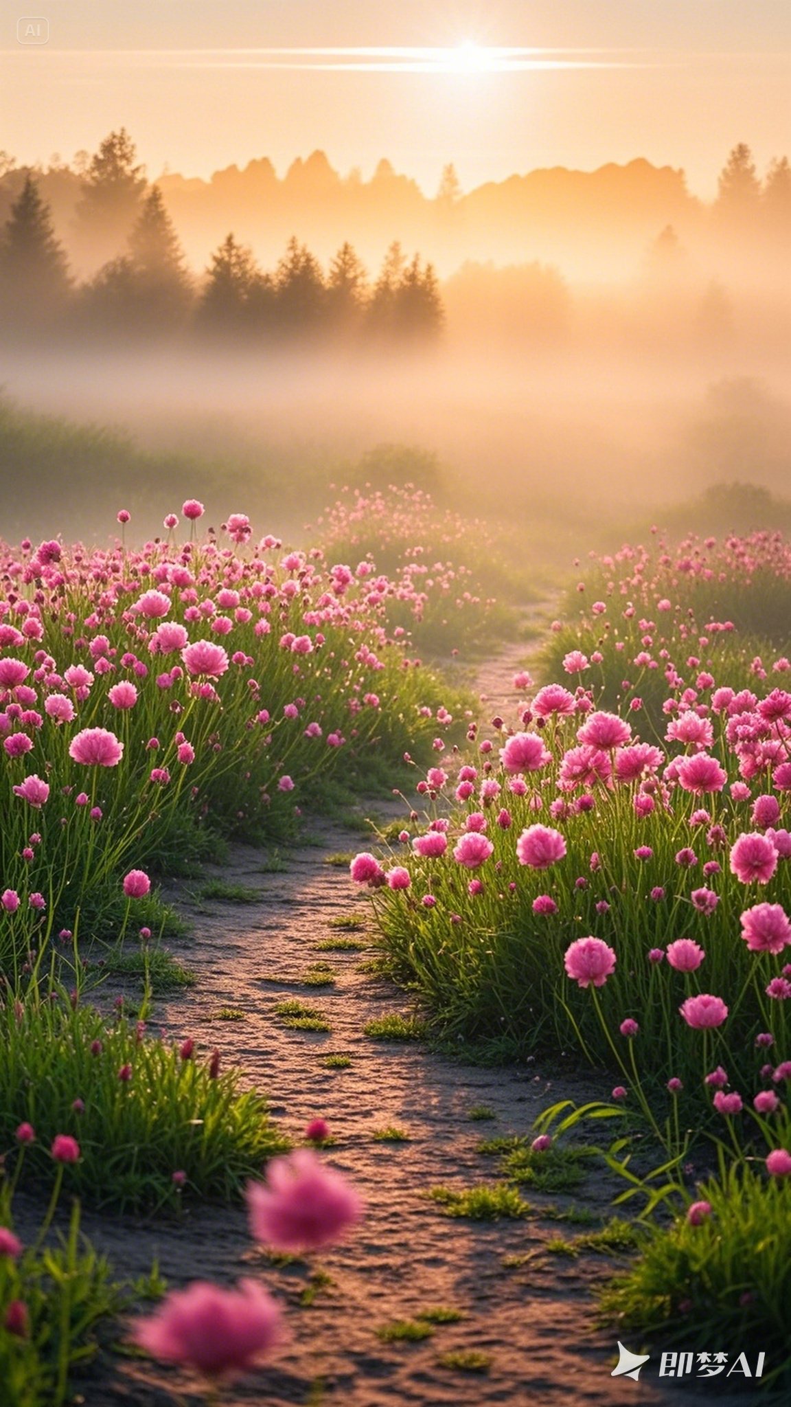 中间草坪后面树花天空图片大全早晨天空图片梦幻清晨壁纸草坪渐变图片