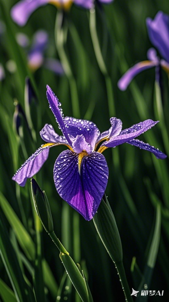 紫色鸢尾花高清特写,花瓣丝绒质感带有露珠,浅紫色渐变到深紫的花脉纹