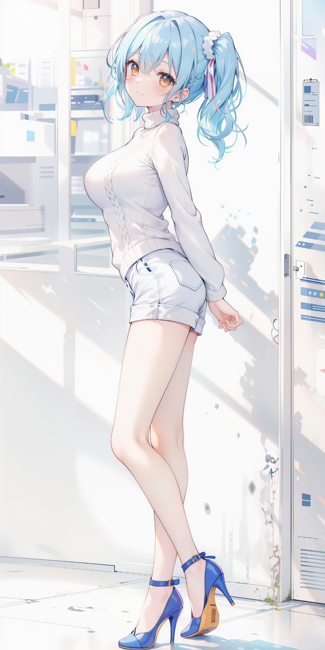 她身穿白色衬衫搭配浅蓝短裤,清新又不失干练.