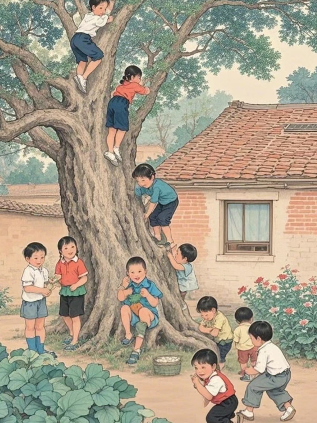 孩子们在树下嬉戏,欢乐声充满了童年
