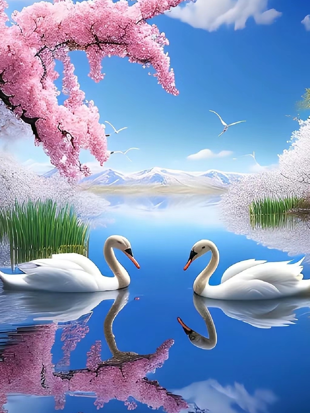 湖面上的天鹅优雅对舞,樱花树下的春天美得让人心动.