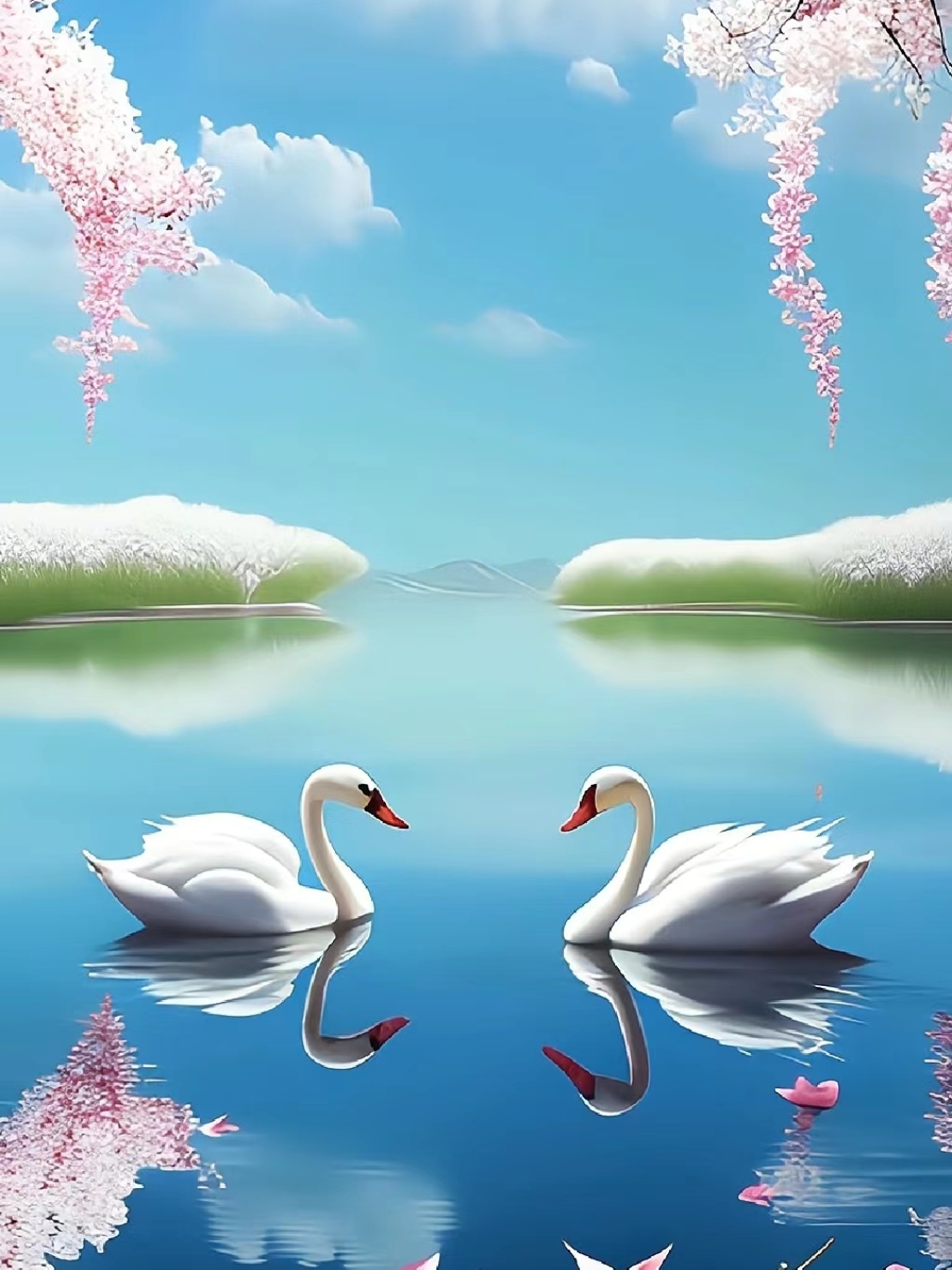 湖面上的天鹅优雅对舞,樱花树下的春天美得让人心动.