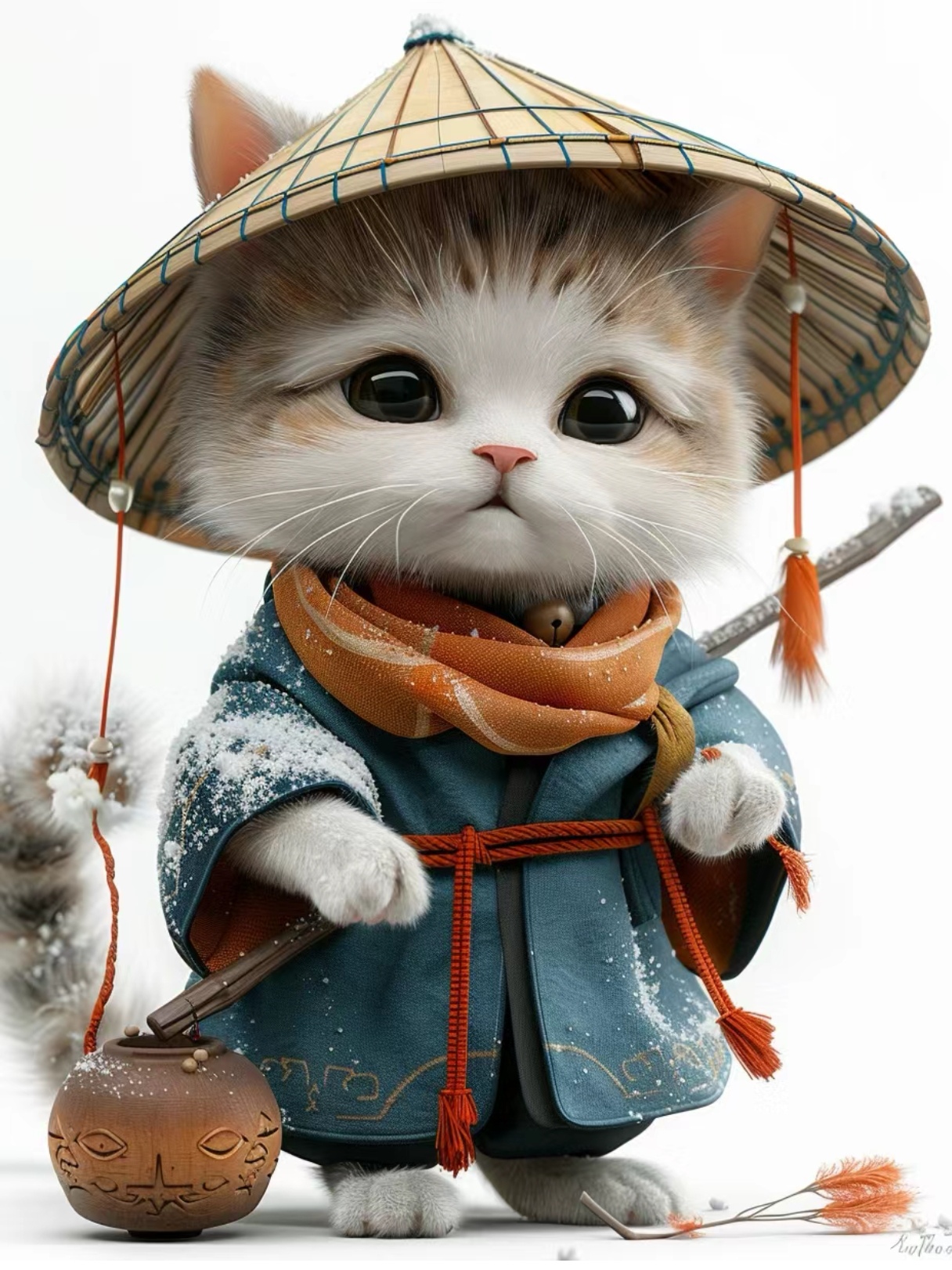 93 看这只戴着帽子的小猫咪,身穿蓝色外套,手持橙色小球,简直是时尚