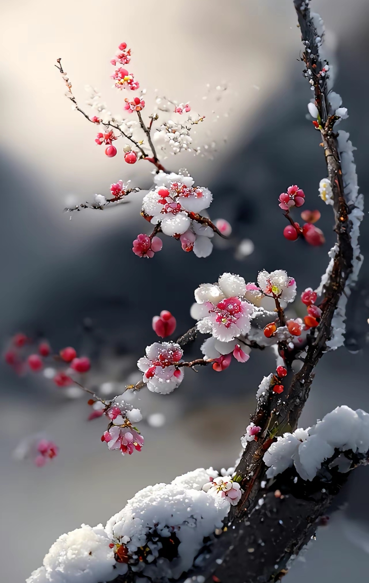 雪山做背景,更显得梅花坚韧不拔.在这寒冷季节,它带来一丝温暖和希望.