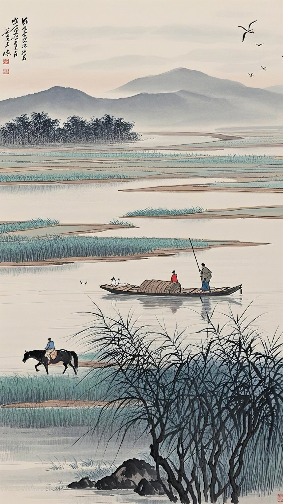 "夕阳下的江面,渔舟唱晚,炊烟袅袅,我仿佛听到了古